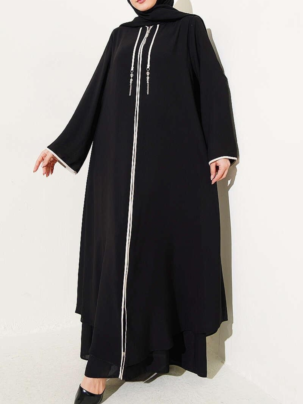 Hooded Zip-Up Abaya Black Size XL